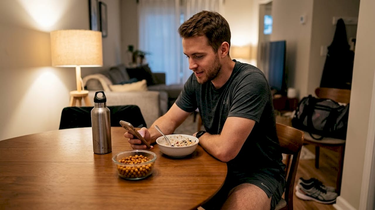 Man logging energy-rich snacks after fitness