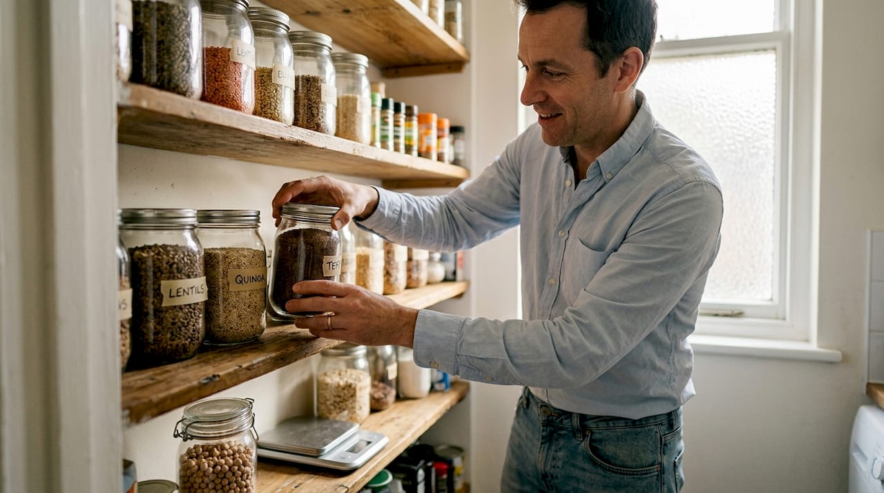 Man organizing ancient grains in pantry