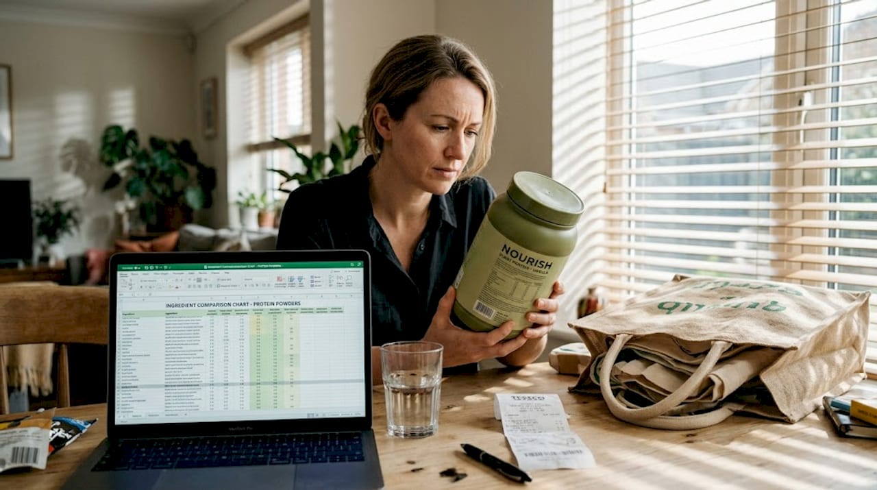 Woman reading protein powder nutrition label