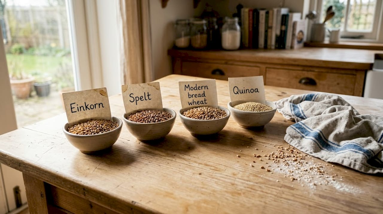 Different ancient grains labeled on table bowls