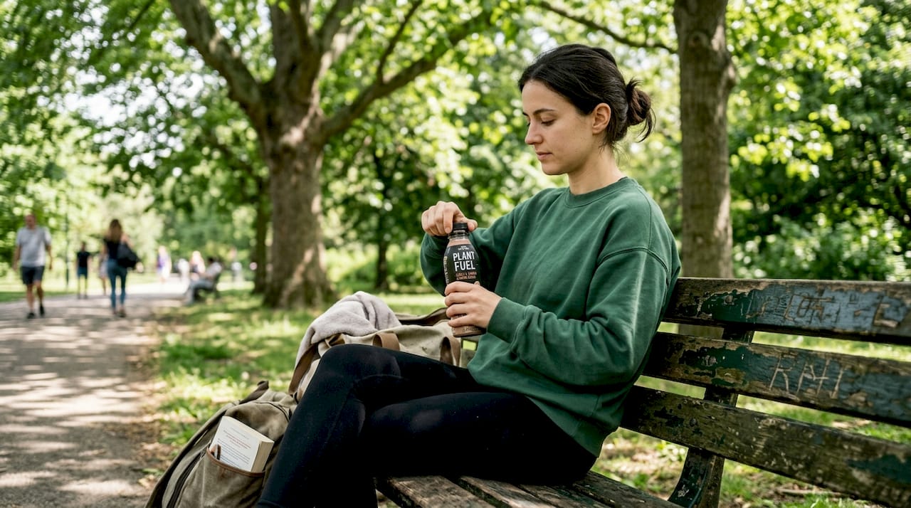 Woman with ready-to-drink protein shake outdoors