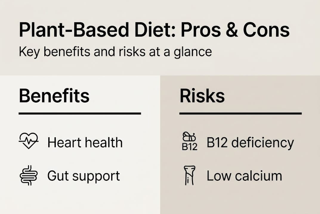 Infographic showing plant-based diet pros and cons
