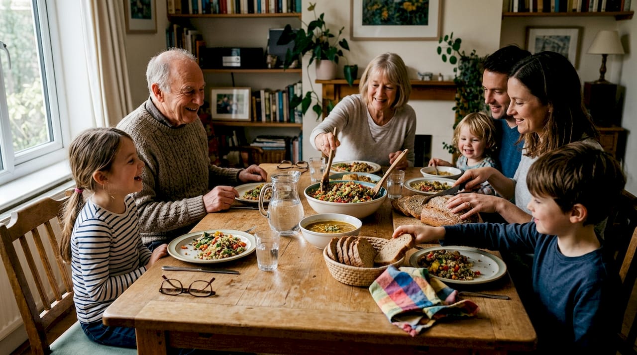 Family sharing wholegrain foods at dinner table