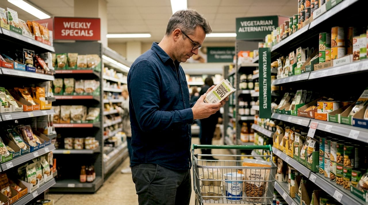 Man reading nutrition label on tofu in store