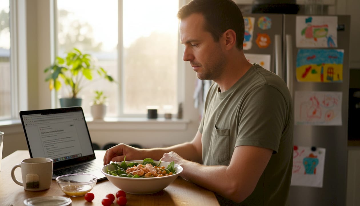 Man preparing salad and checking nutrition data