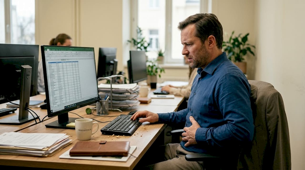Man with digestive discomfort at office desk