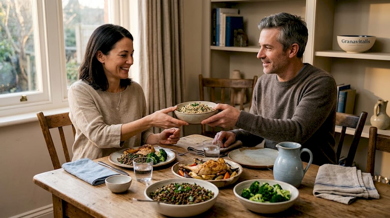 Two people sharing plant and animal protein meal