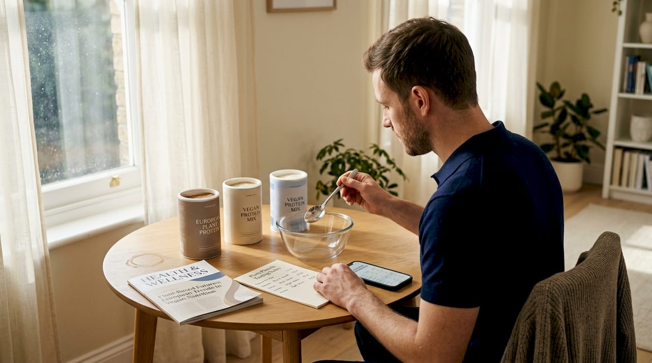 Man comparing different protein powders at table