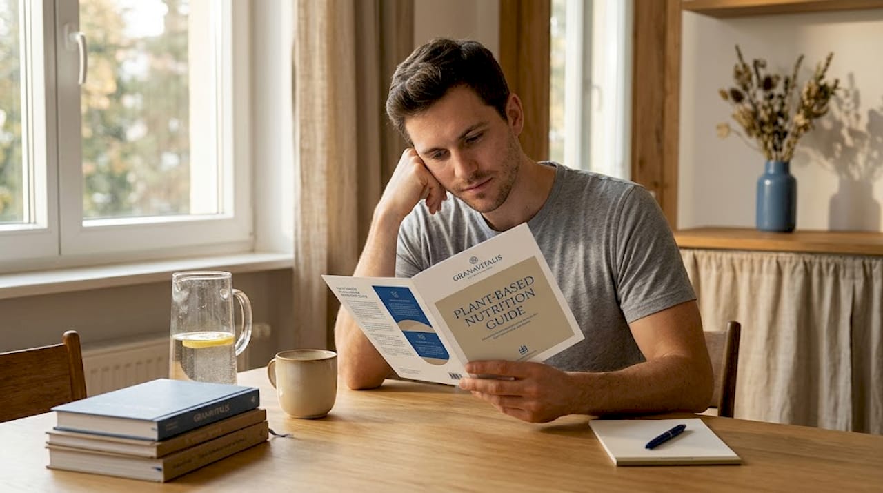 Man studies nutrition guide at dining table