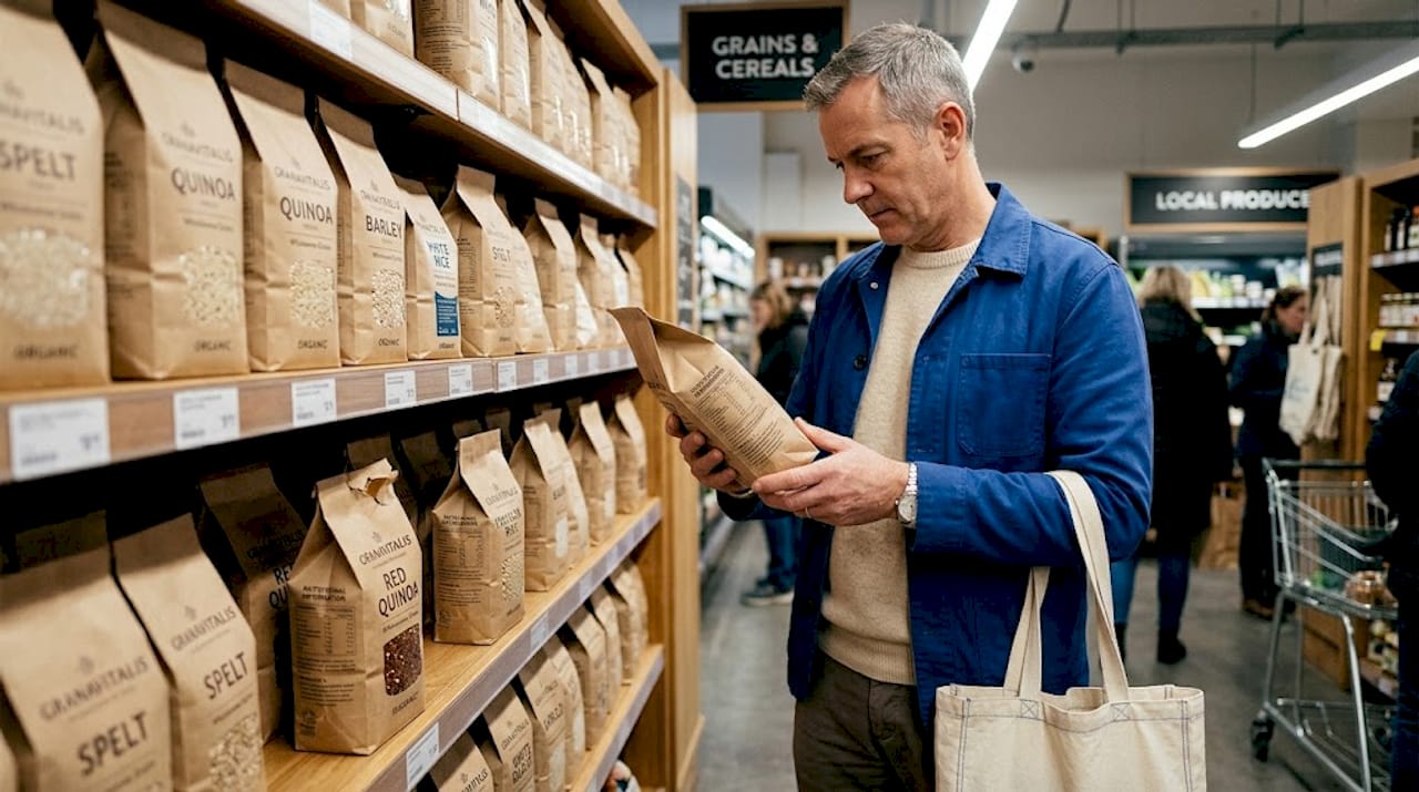 Grocery shopper comparing grain nutrition labels