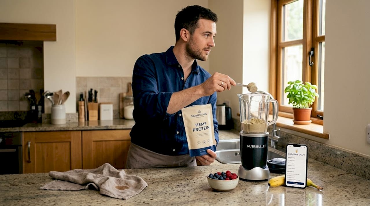 Man adding hemp protein to morning smoothie