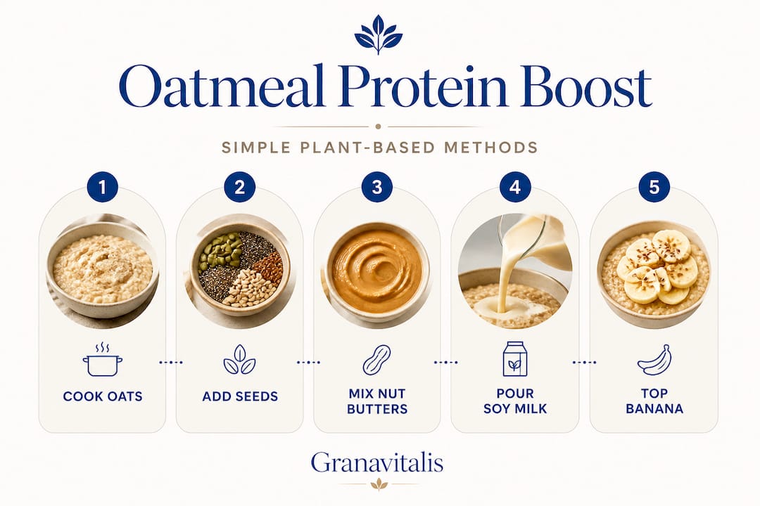 Infographic showing steps to boost oatmeal protein