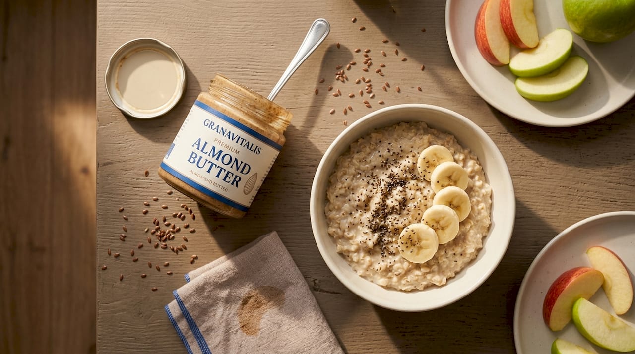 Oatmeal bowl with nut butter and seeds