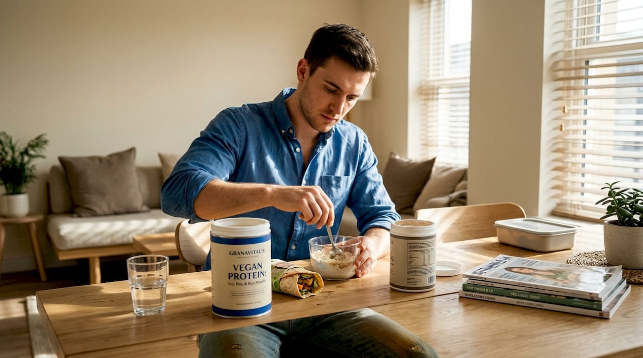 Man mixing vegan protein powders for lunch
