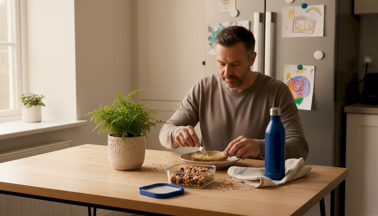 Man making plant-based lunch with beans and grains