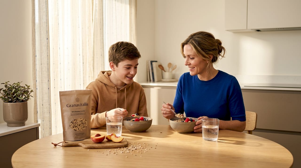 Family sharing breakfast with unprocessed grains