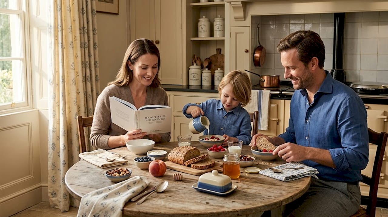 Family enjoying balanced breakfast at dining table