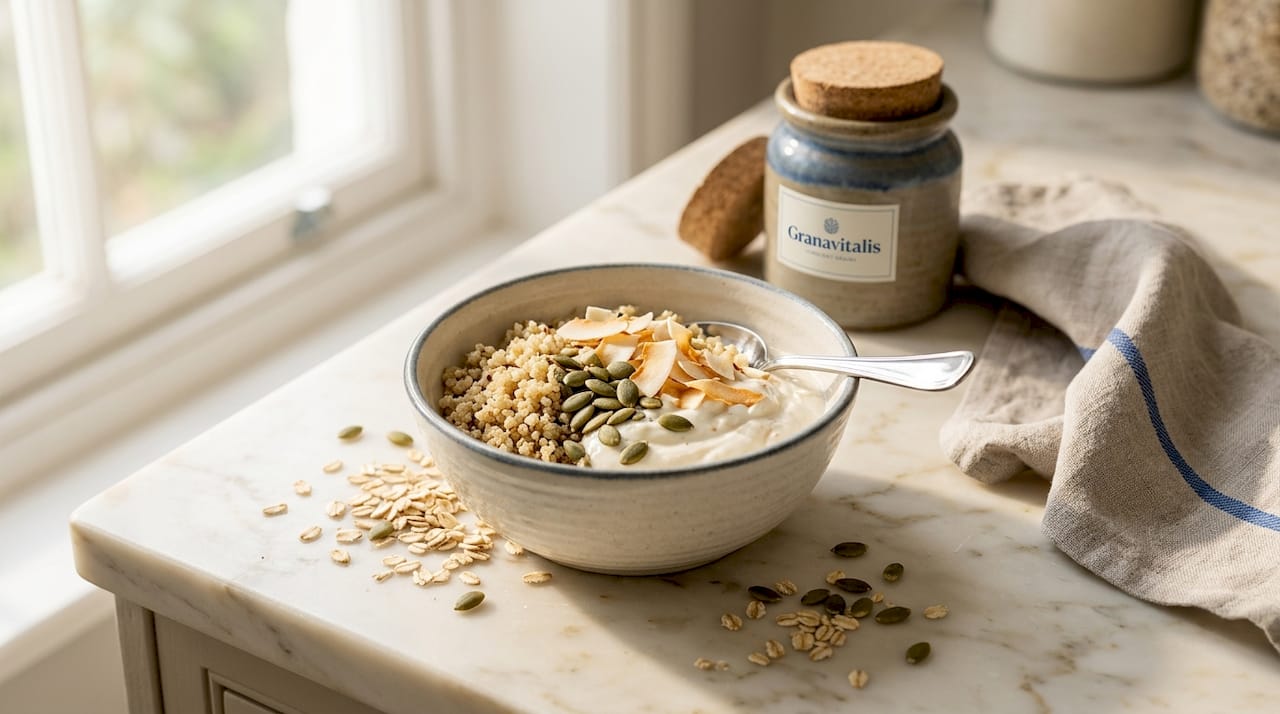 Close-up ancient grain and seed breakfast bowl