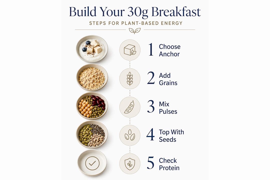 Step-by-step infographic for building plant protein breakfast