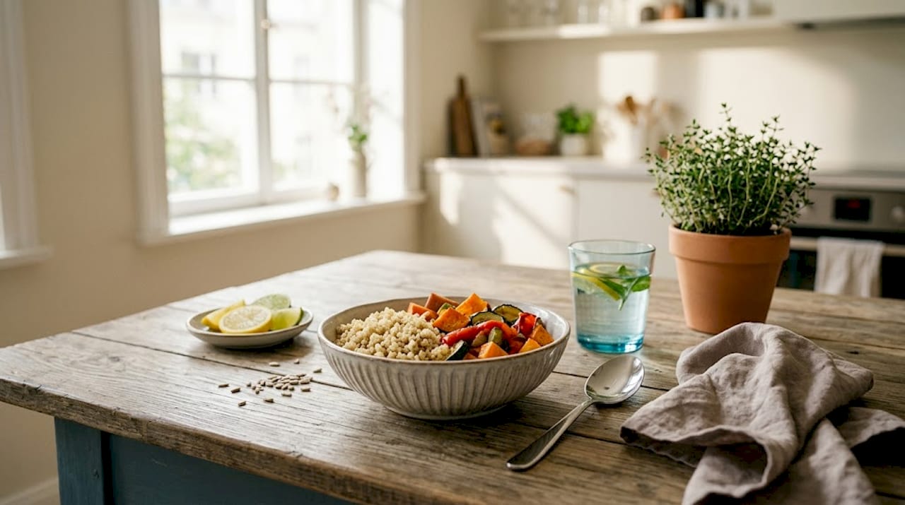 Bowl of quinoa with lentils and veggies