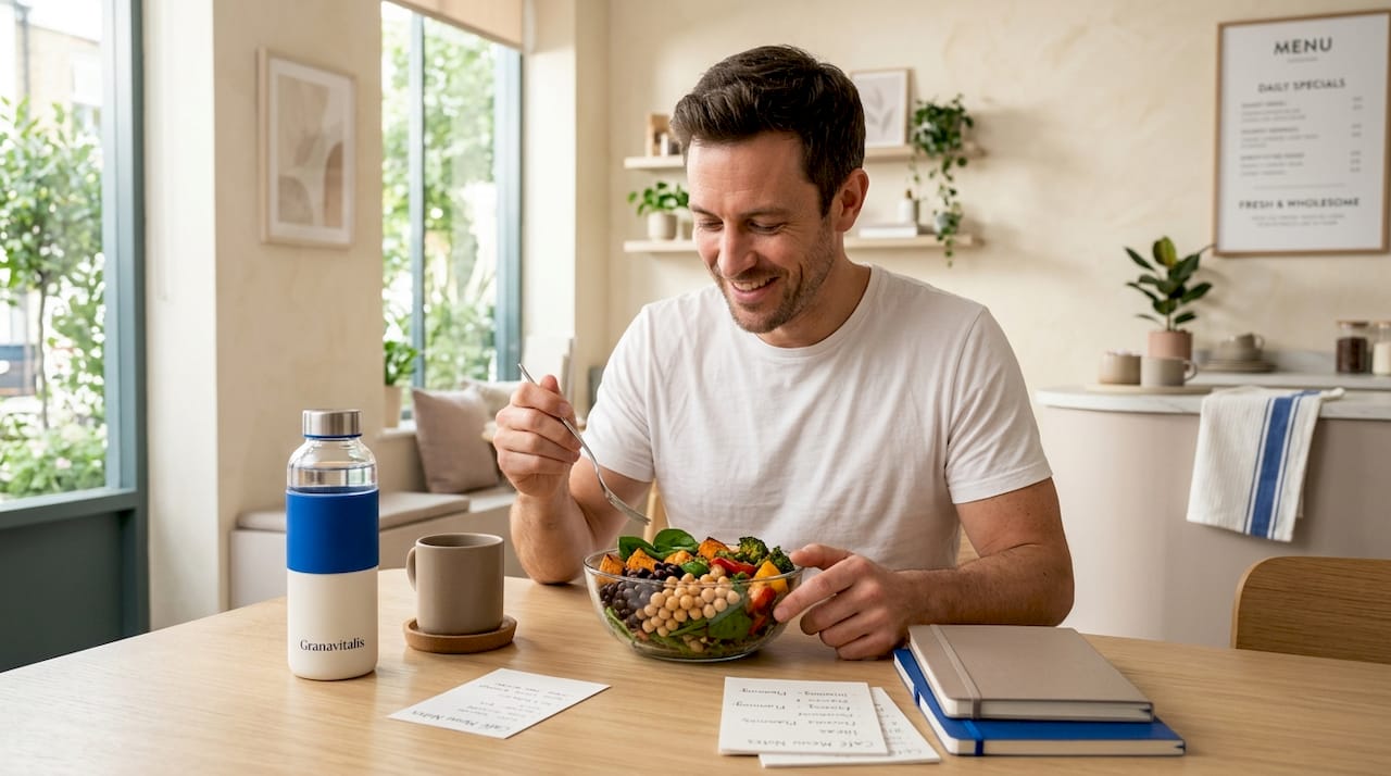 Man eating plant-rich salad at desk