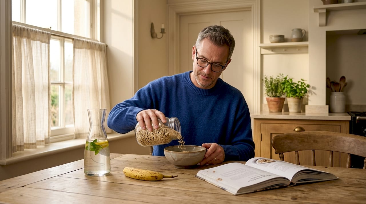 Man preparing ancient grains breakfast at kitchen table
