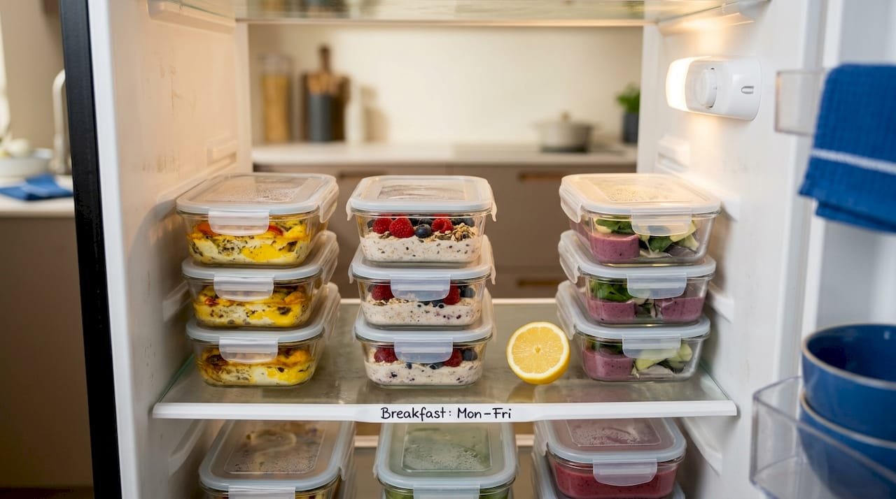 Fridge stocked with labeled healthy breakfast prep