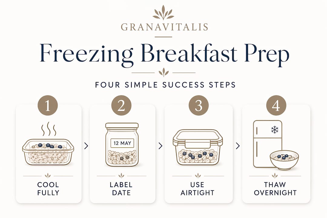 Infographic showing four steps to freeze breakfast meal prep