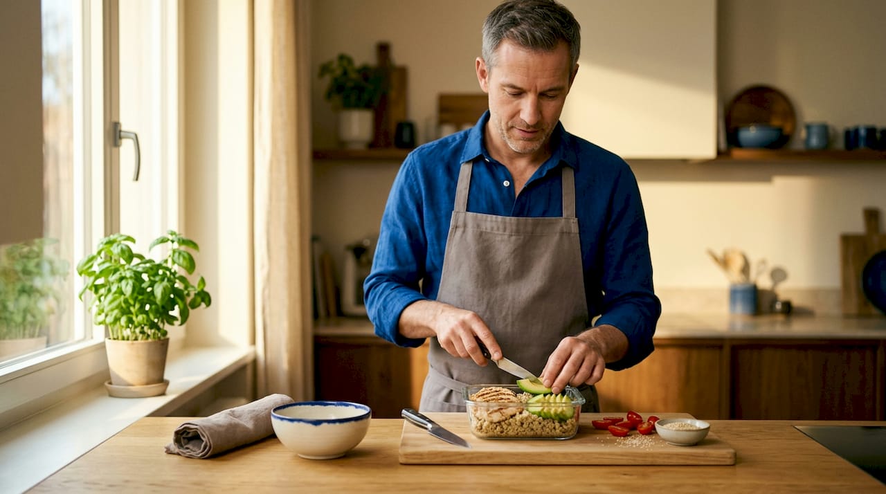 Man preps wholefood lunchbox with grains and vegetables