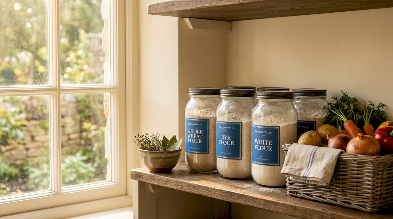 Pantry shelf with labeled flour jars