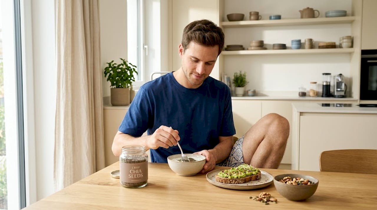 Man adding seeds to yogurt for breakfast