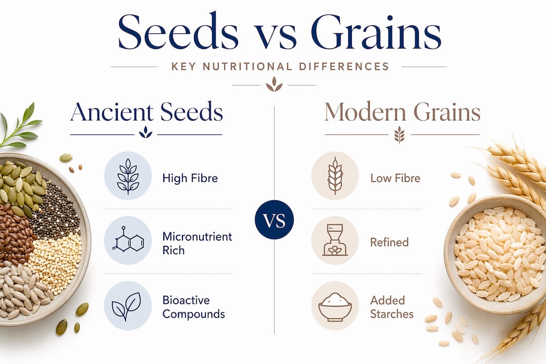 Infographic comparing seeds and grains nutrition