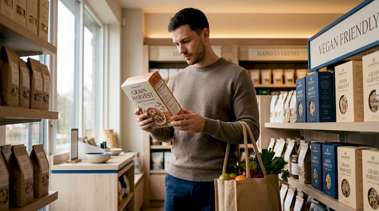 Shopper checking nutrition label in grocery aisle