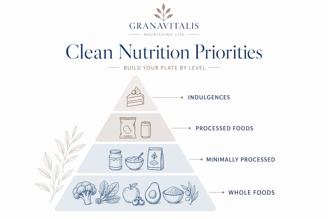 Pyramid infographic of clean nutrition food groups