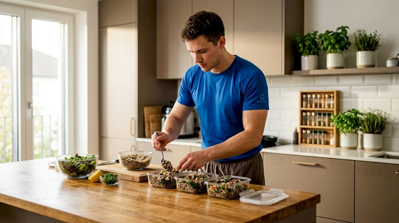 Man meal prepping after workout in apartment kitchen