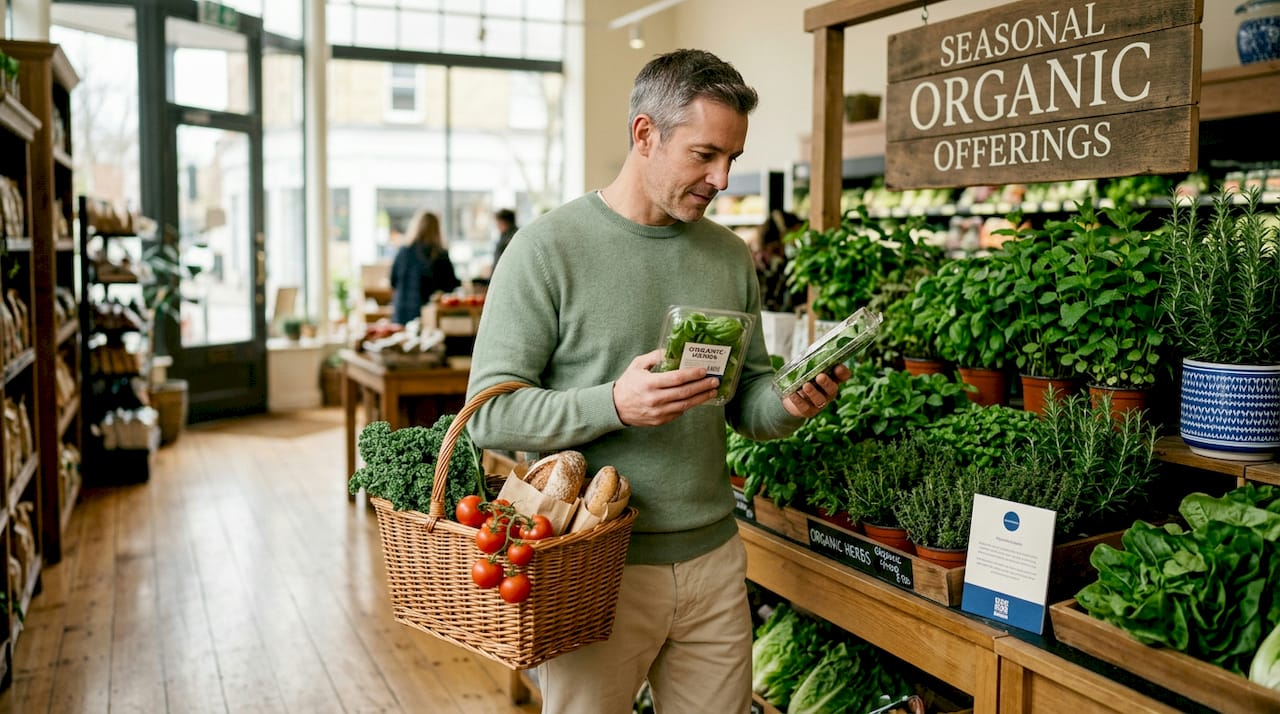 Man reading labels in produce section grocery
