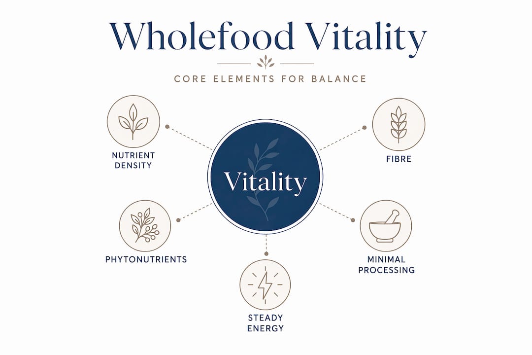 Hierarchy infographic showing core elements of wholefood vitality