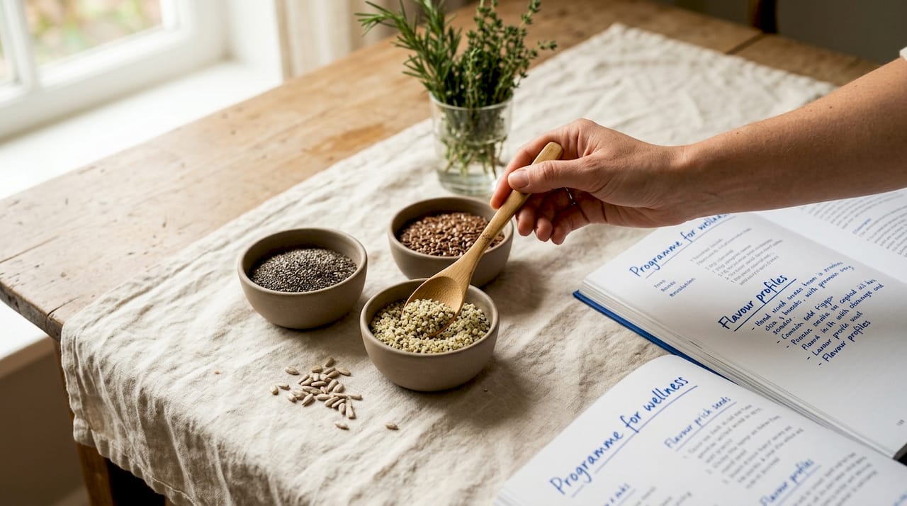 Glass bowls with chia, flax, hemp seeds