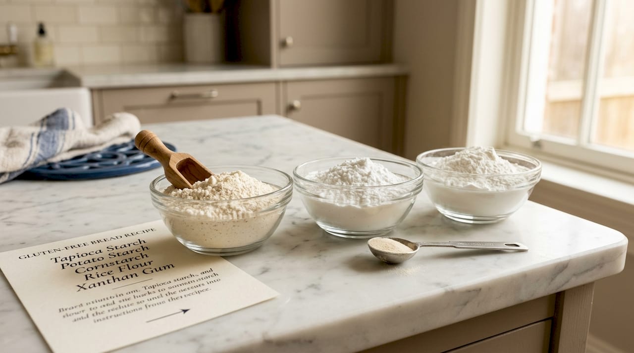 Bowls of starches for gluten-free baking