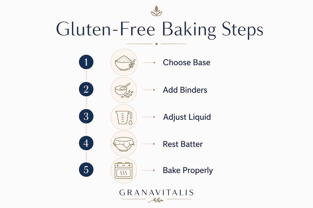 Infographic showing steps to substitute flour gluten-free