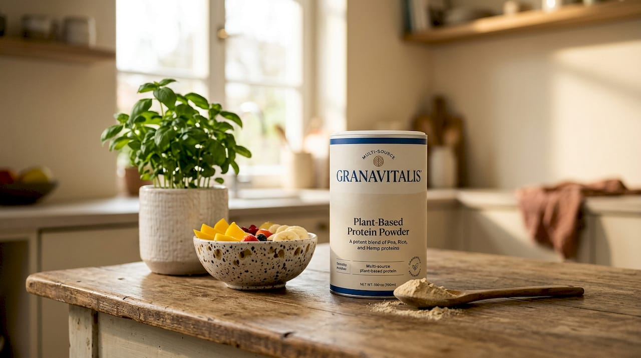 Container of blended plant-based protein powder on table