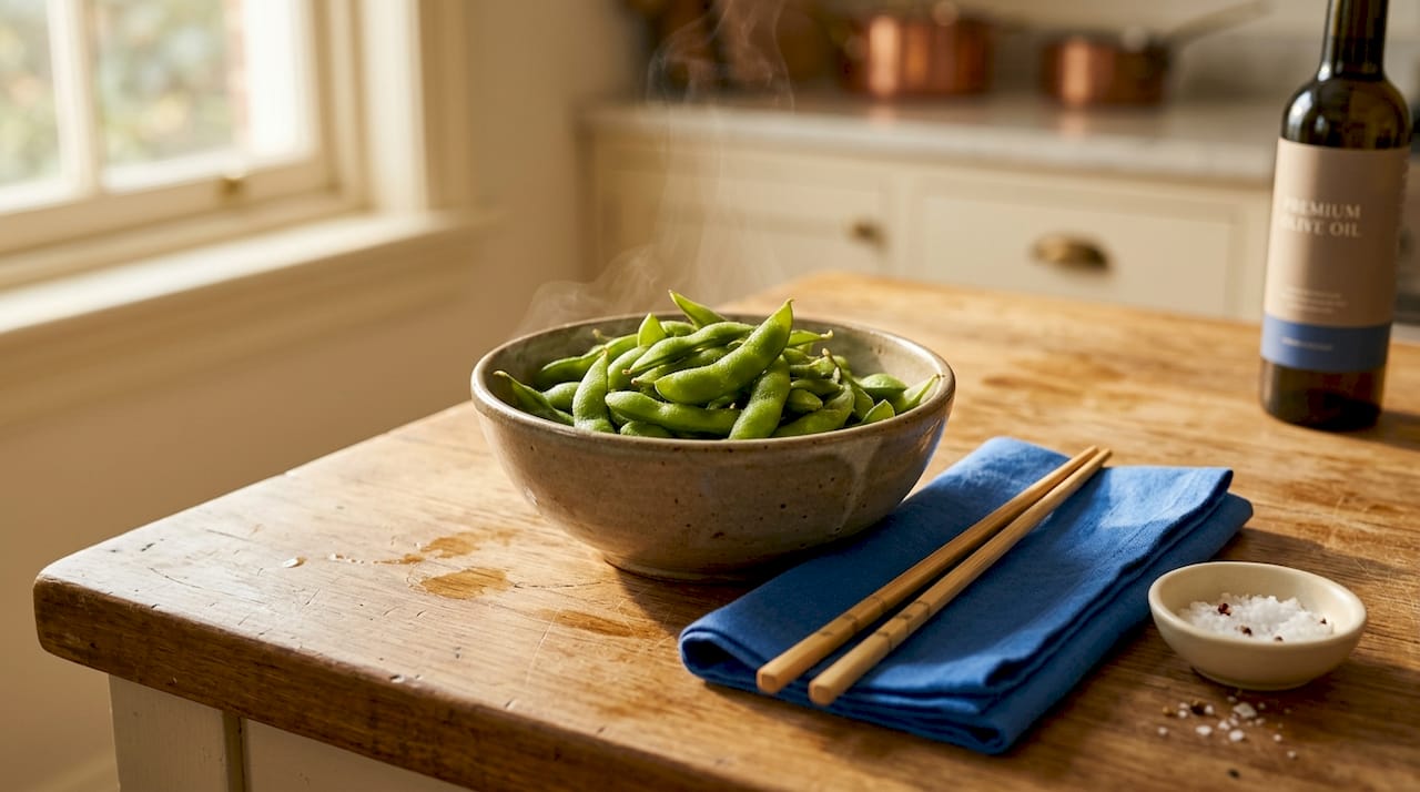 Bowl of steamed edamame with chopsticks