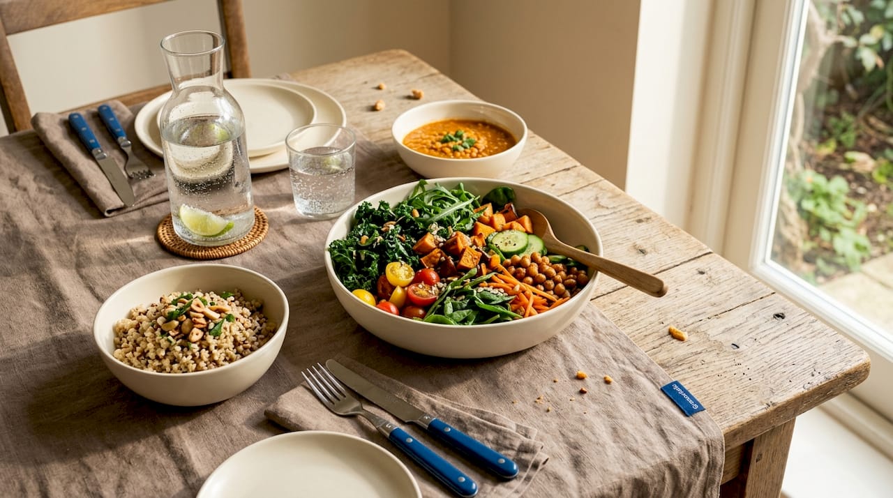 Table with various plant-based sustainable foods