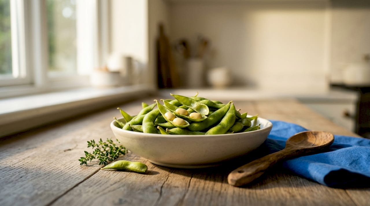 Fresh soybeans in green pods in ceramic bowl