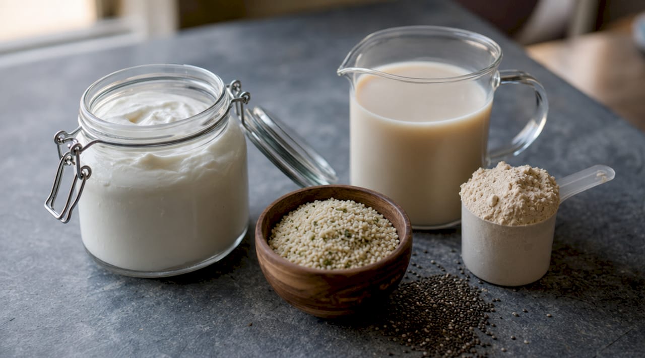Close-up of high protein overnight oats ingredients on counter