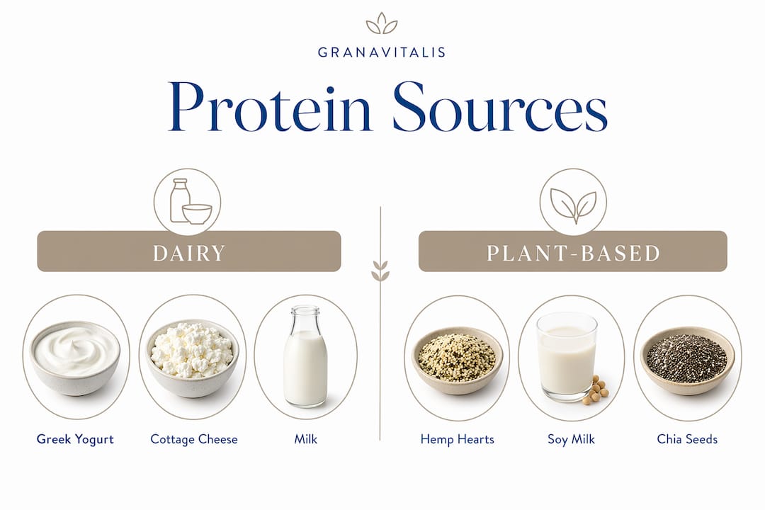 Infographic comparing dairy and plant-based protein sources