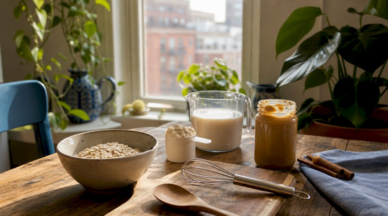 Ingredients for protein oatmeal laid out on kitchen counter