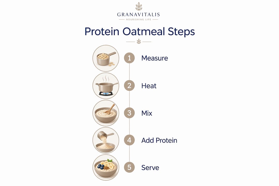 Infographic showing steps to make high protein oatmeal