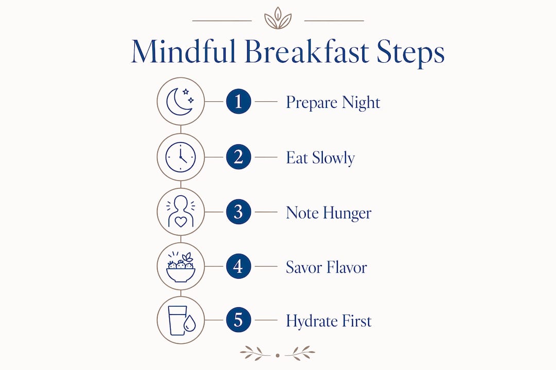 Infographic outlining mindful breakfast steps and tips
