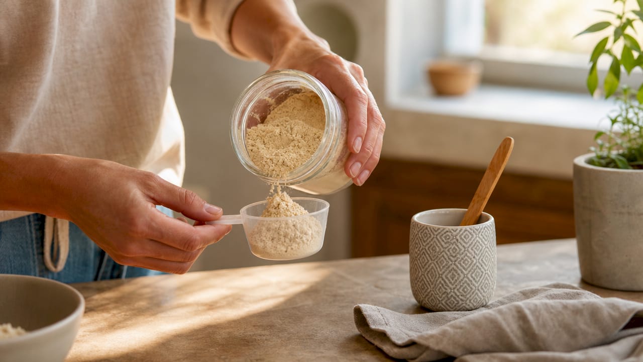 Hands measuring pea protein powder on counter